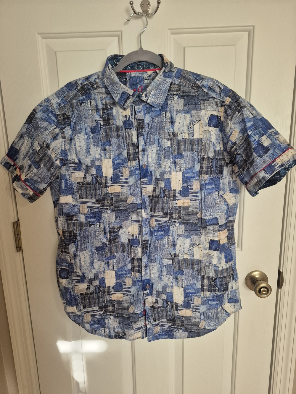 Robert Graham Short-Sleeve Patchwork Button-Down Shirt in Blue, White, and Black